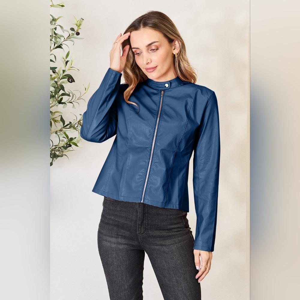 Chic Moto Vegan Leather Jacket Zip-up Sleek Snap Mock Neck Trendy Peacock Blue - Picture 2 of 11